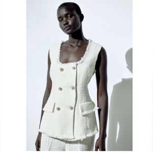 ZARA METALLIC TWEED TEXTURED WAISTCOAT 3532/430 White Tweed Vest